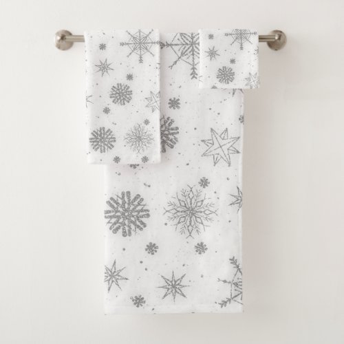Silver Snowflakes White Design Bath Towel Set