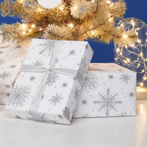 Silver Snowflakes White Design Wrapping Paper