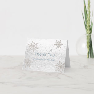 Silver Snowflakes White Snow Baby Shower Blue Letterpress Thank You Card