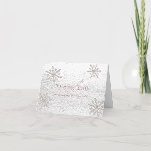 Silver Snowflakes White Snow Baby Shower Pink Thank You Card (Front)