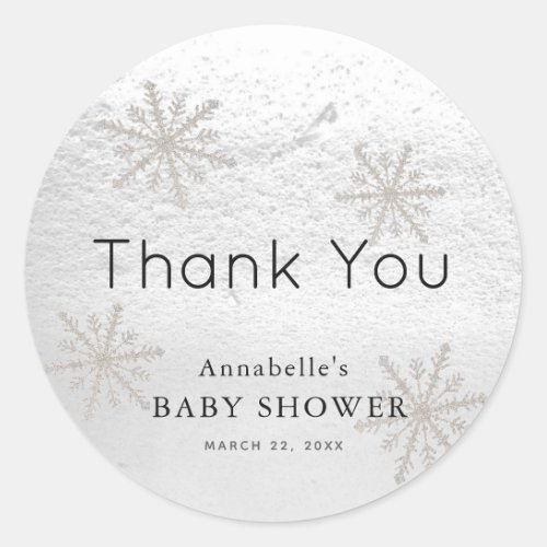 Silver Snowflakes White Snow Baby Shower Thank You Classic Round Sticker