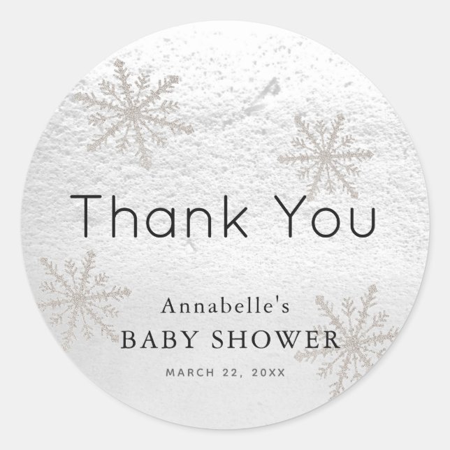 Silver Snowflakes White Snow Baby Shower Thank You Classic Round Sticker (Front)
