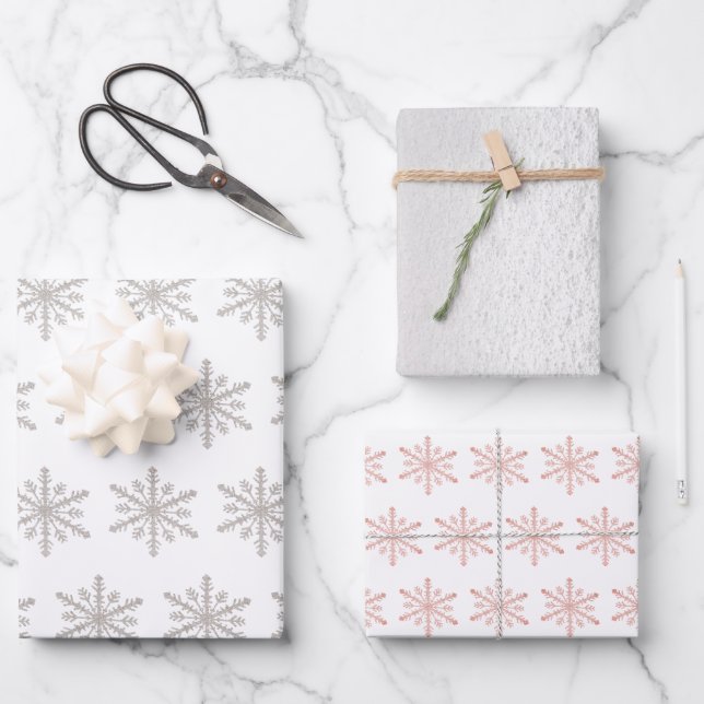 Silver Snowflakes & White Snow Winter Wrapping Paper Sheets (Front)