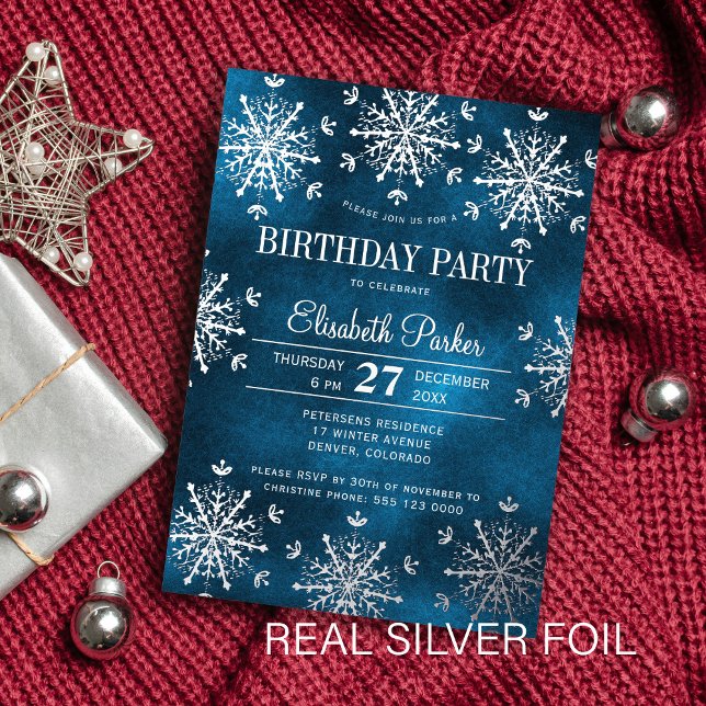 Silver snowflakes winter luxury birthday party foil invitation (Creator Uploaded)