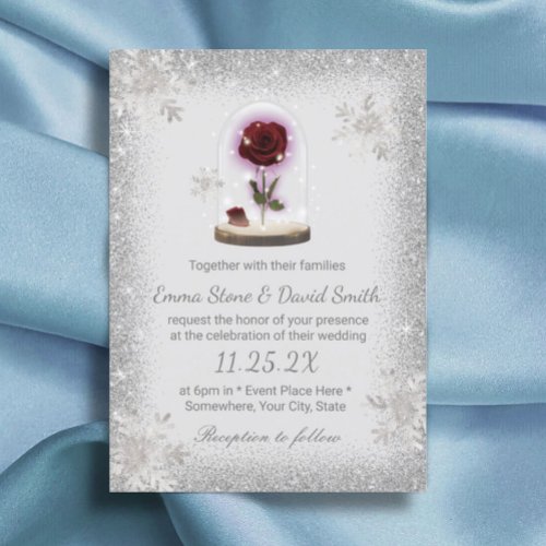 Silver Snowflakes Winter Wedding Beauty Rose Dome Invitation