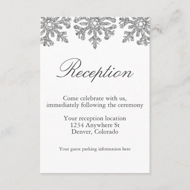 Silver Snowflakes Winter Wedding Reception Enclosure Card (Front)