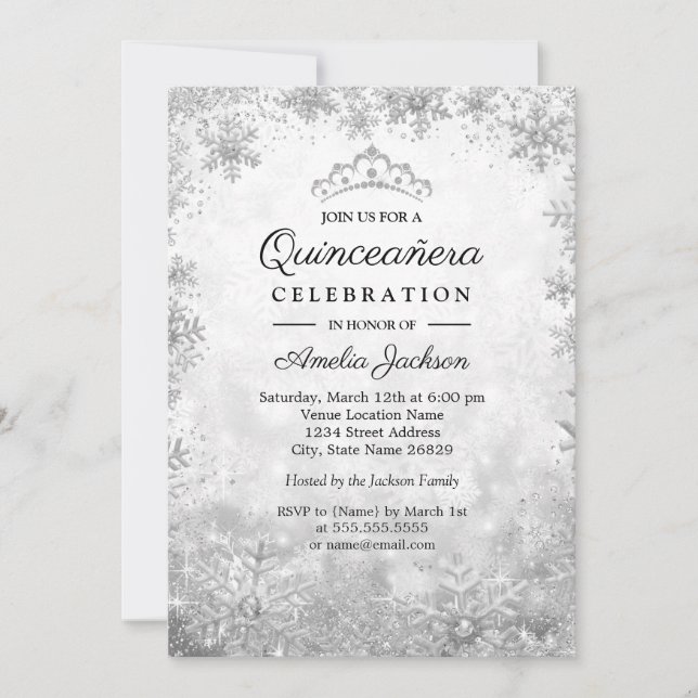 Silver Snowflakes Winter Wonderland Quinceanera Invitation (Front)