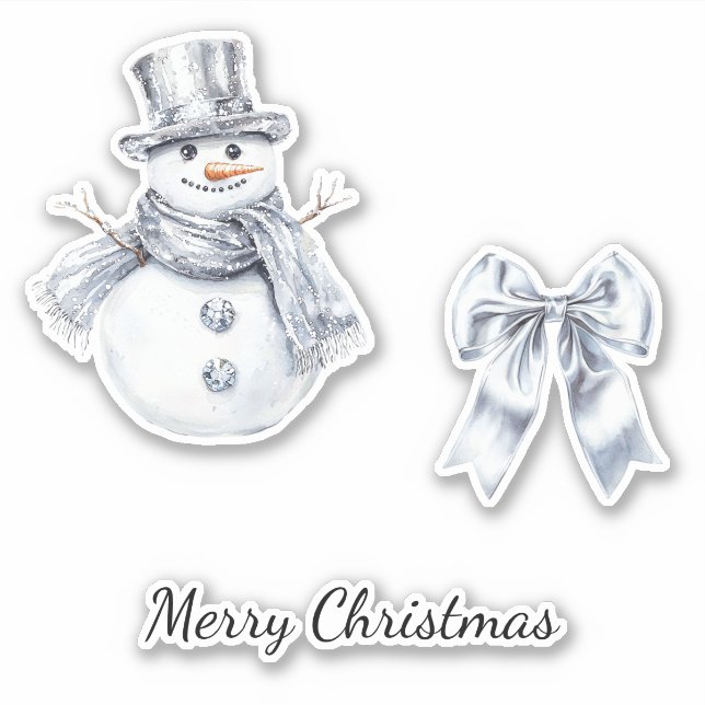 Silver Snowman Bow Christmas Sticker (Front)