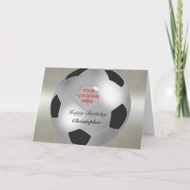 Silver Soccer ball customizable photo frame Card (Front)