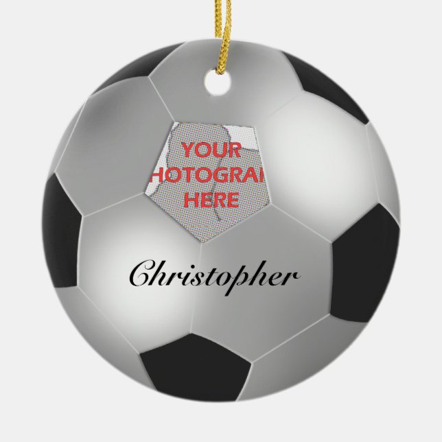 Silver Soccer ball customizable photo frame Ceramic Ornament (Front)