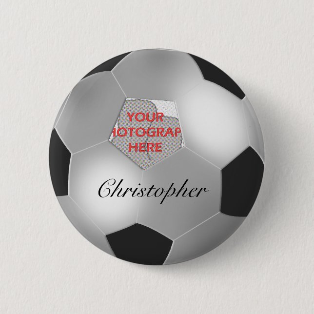Silver Soccer ball customizable photo frame Pinback Button (Front)