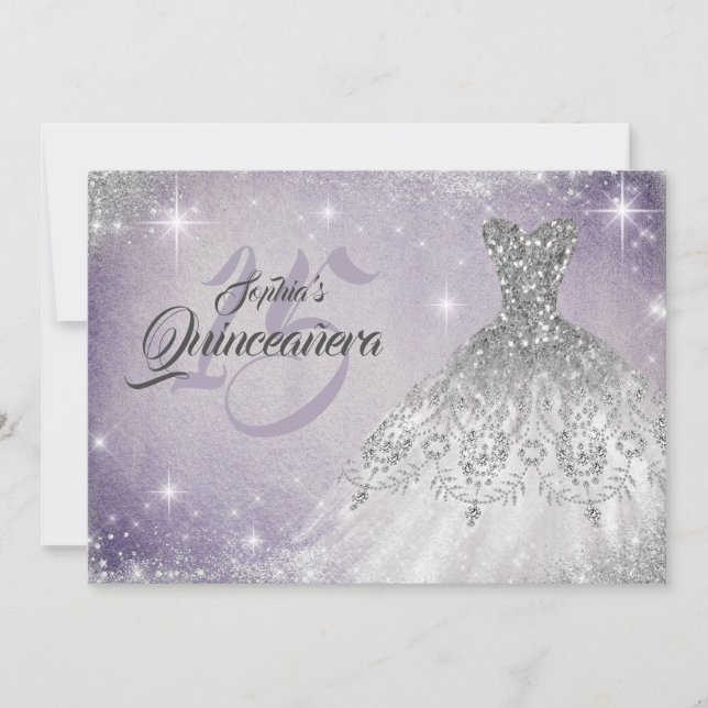 Silver Soft Purple Lace Diamond Gown Quinceanera   Invitation (Front)