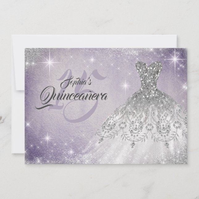 Silver Soft Purple Lace Diamond Gown Quinceanera  Invitation (Front)