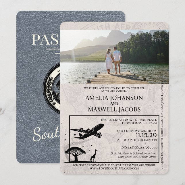 Silver South Africa Passport Wedding Invitation (Front/Back)