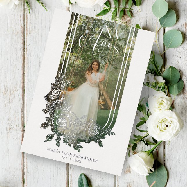 Silver Spanish Luxury Trendy Floral Mis XV Photo Foil Invitation (Creator Uploaded)