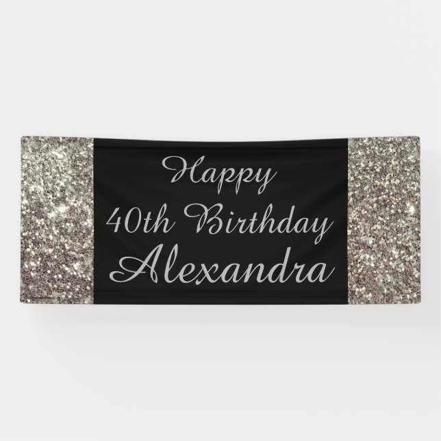 Silver Sparkle 40th Birthday Party Banner (Horizontal)