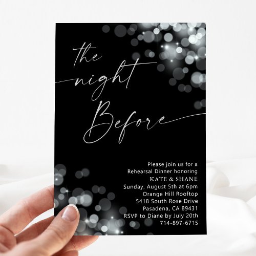 Silver Sparkle and Black Rehearsal Dinner Invitation