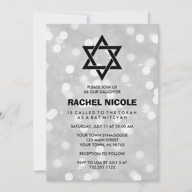 Silver Sparkle Bokeh Bat Mitzvah and Star of David Invitation (Front)