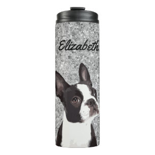 Silver Sparkle Boston Terrier Dog Animal Name Thermal Tumbler