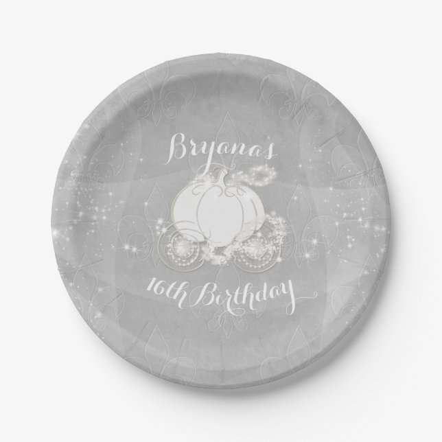 Silver Sparkle Carriage Elegant Cinderella Party Paper Plates (Front)