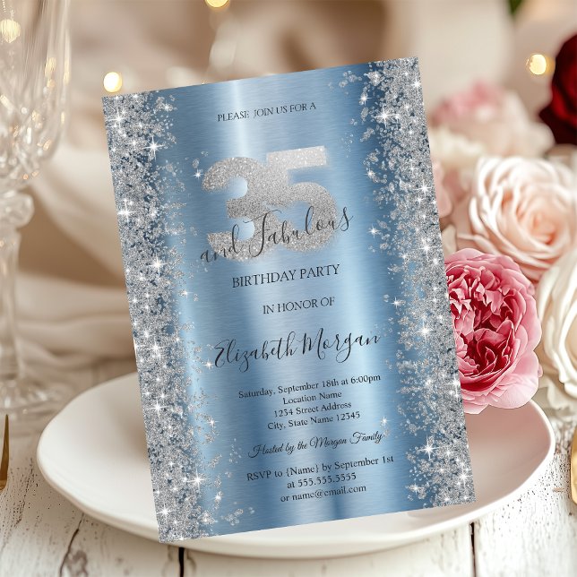 Silver Sparkle Diamonds Blue 35th Birthday   Invitation (Creator Uploaded)
