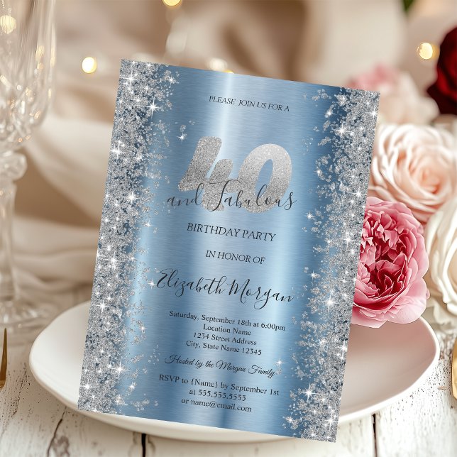 Silver Sparkle Diamonds Blue 40th Birthday   Invitation (Creator Uploaded)