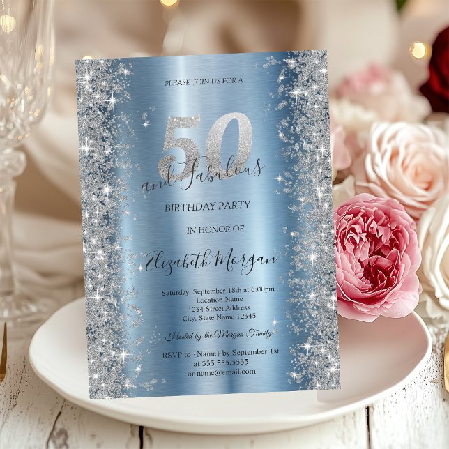 Silver Sparkle Diamonds Blue 50th Birthday   Invitation (Creator Uploaded)