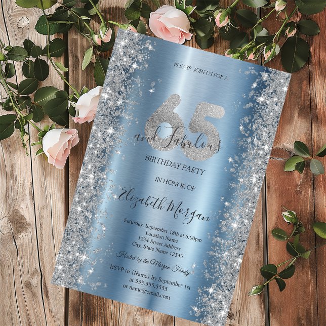 Silver Sparkle Diamonds Blue 65th Birthday   Invitation (Creator Uploaded)