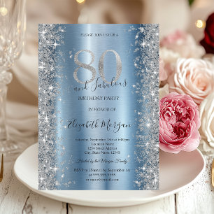 Silver Sparkle Diamonds Blue 80th Birthday Invitation