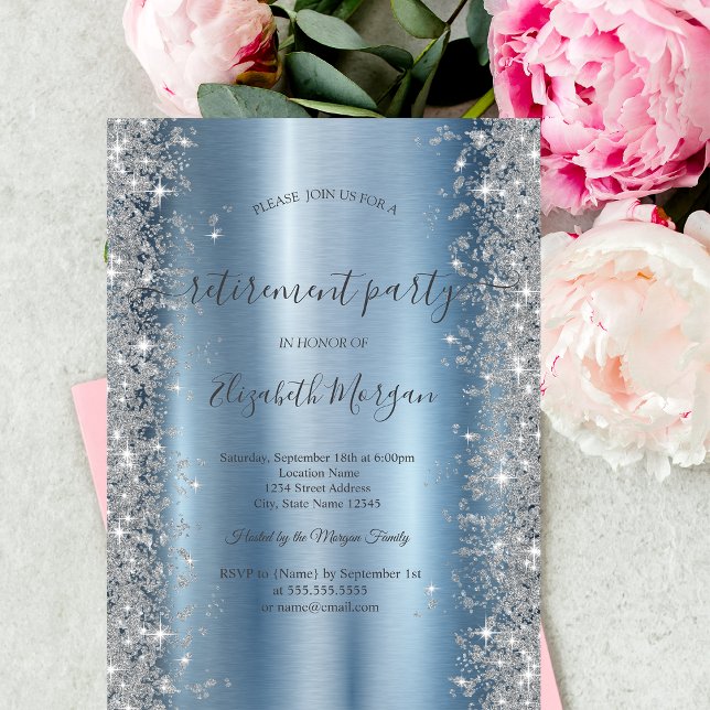 Silver Sparkle Diamonds Blue Retirement Party Invitation (Creator Uploaded)