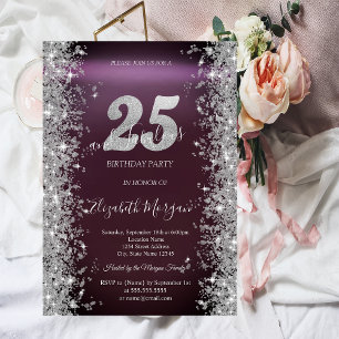Silver Sparkle Diamonds Burgundy 25th Birthday Invitation