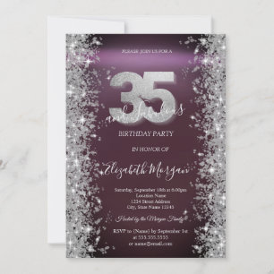Silver Sparkle Diamonds Burgundy 35th Birthday Invitation