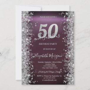 Silver Sparkle Diamonds Burgundy 50th Birthday   Invitation