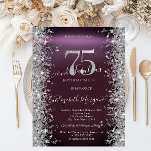 Silver Sparkle Diamonds Burgundy 75th Birthday Invitation