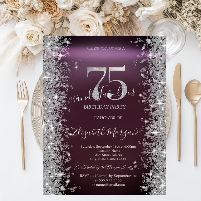 Silver Sparkle Diamonds Burgundy 75th Birthday   Invitation (Creator Uploaded)