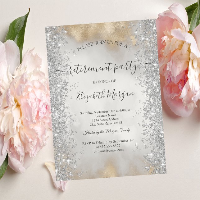 Silver Sparkle Diamonds Gold Glitter Retirement  Invitation (Creator Uploaded)