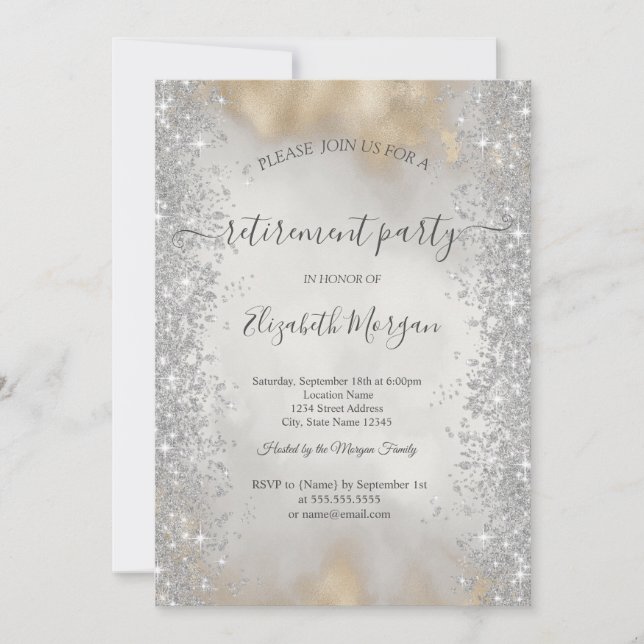 Silver Sparkle Diamonds Gold Glitter Retirement  Invitation (Front)