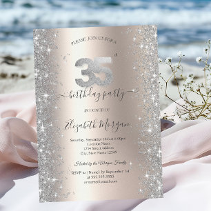 Silver Sparkle Diamonds Ivory 35th Birthday Party Invitation
