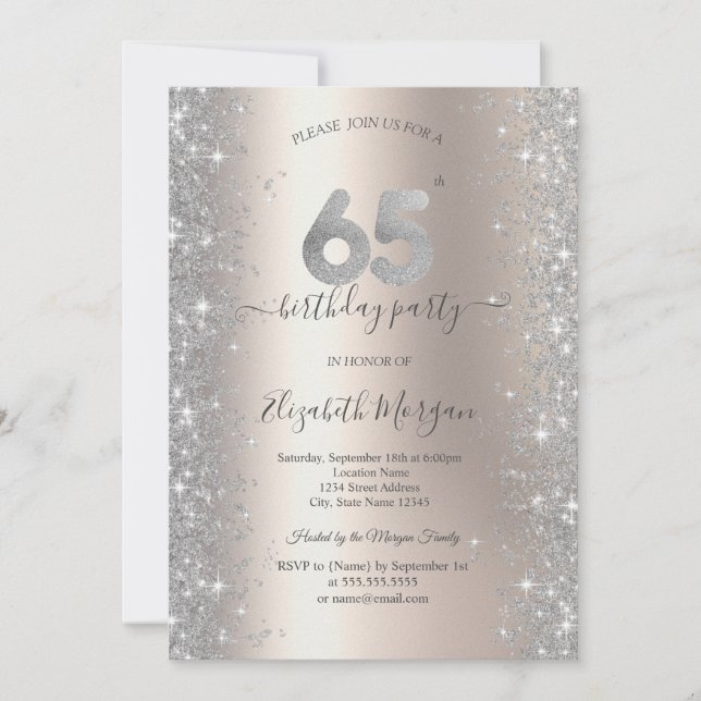 Silver Sparkle Diamonds Ivory 65th Birthday Party Invitation (Front)