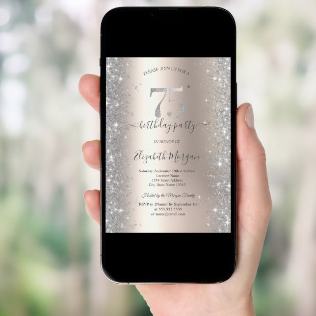Silver Sparkle Diamonds Ivory 75th Birthday Party Invitation (Front Digital)