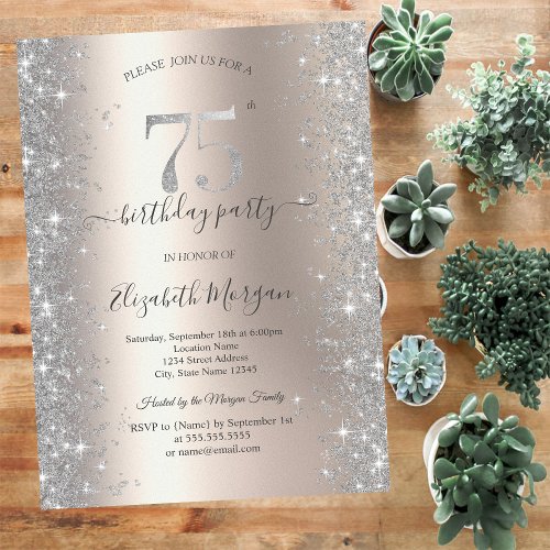 Silver Sparkle Diamonds Ivory 75th Birthday Party Invitation