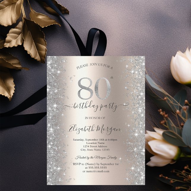 Silver Sparkle Diamonds Ivory 80th Birthday Party Invitation (Creator Uploaded)