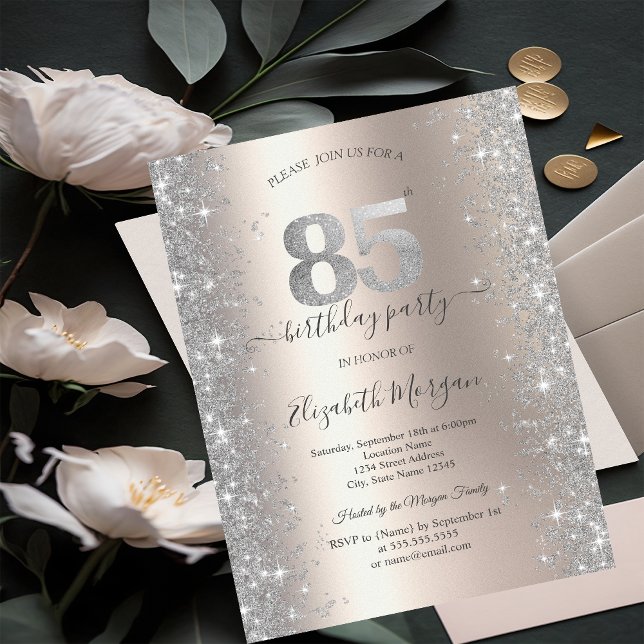 Silver Sparkle Diamonds Ivory 85th Birthday Party Invitation (Creator Uploaded)