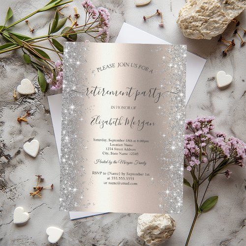 Silver Sparkle Diamonds Ivory Retirement Party Invitation