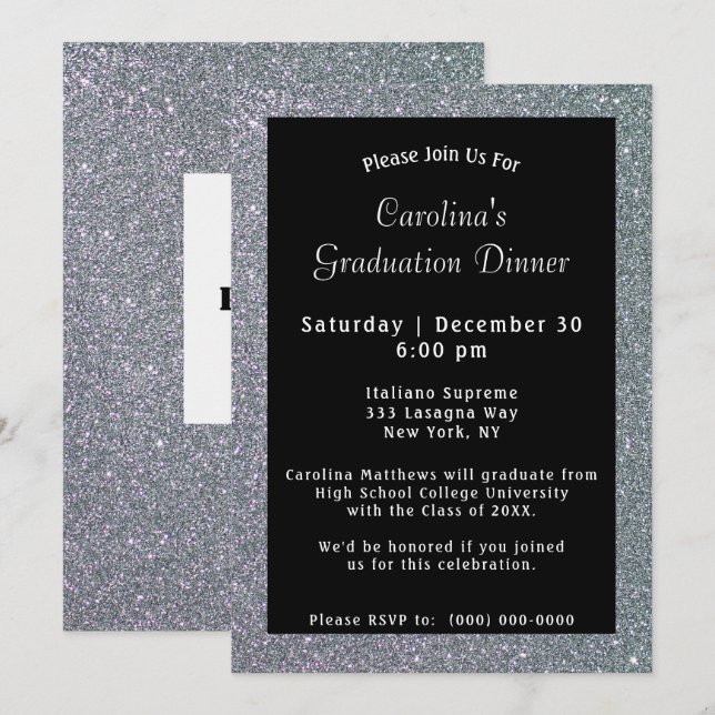 Silver Sparkle Dinner Black Graduation Invitation (Front/Back)
