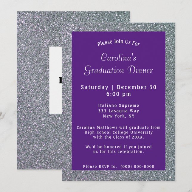 Silver Sparkle Dinner Purple Graduation Invitation (Front/Back)