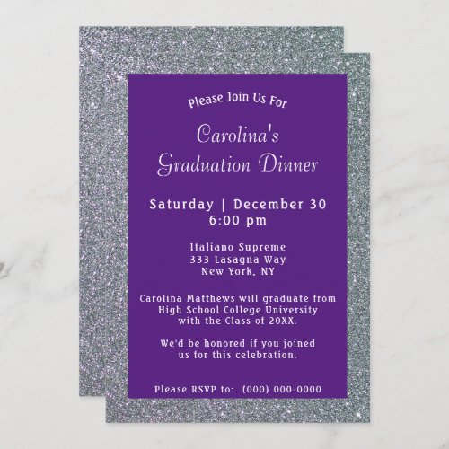 Silver Sparkle Dinner Purple Graduation Invitation