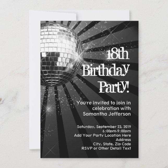 Silver Sparkle Disco Ball 18th Birthday Party Invitation (Front)
