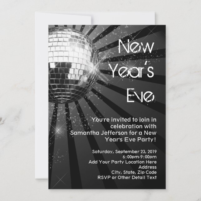 Silver Sparkle Disco Ball New Year's Eve Party Invitation (Front)