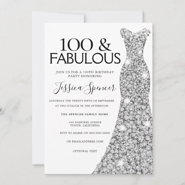 Silver Sparkle Dress 100 & Fabulous 100th Birthday Invitation (Front)